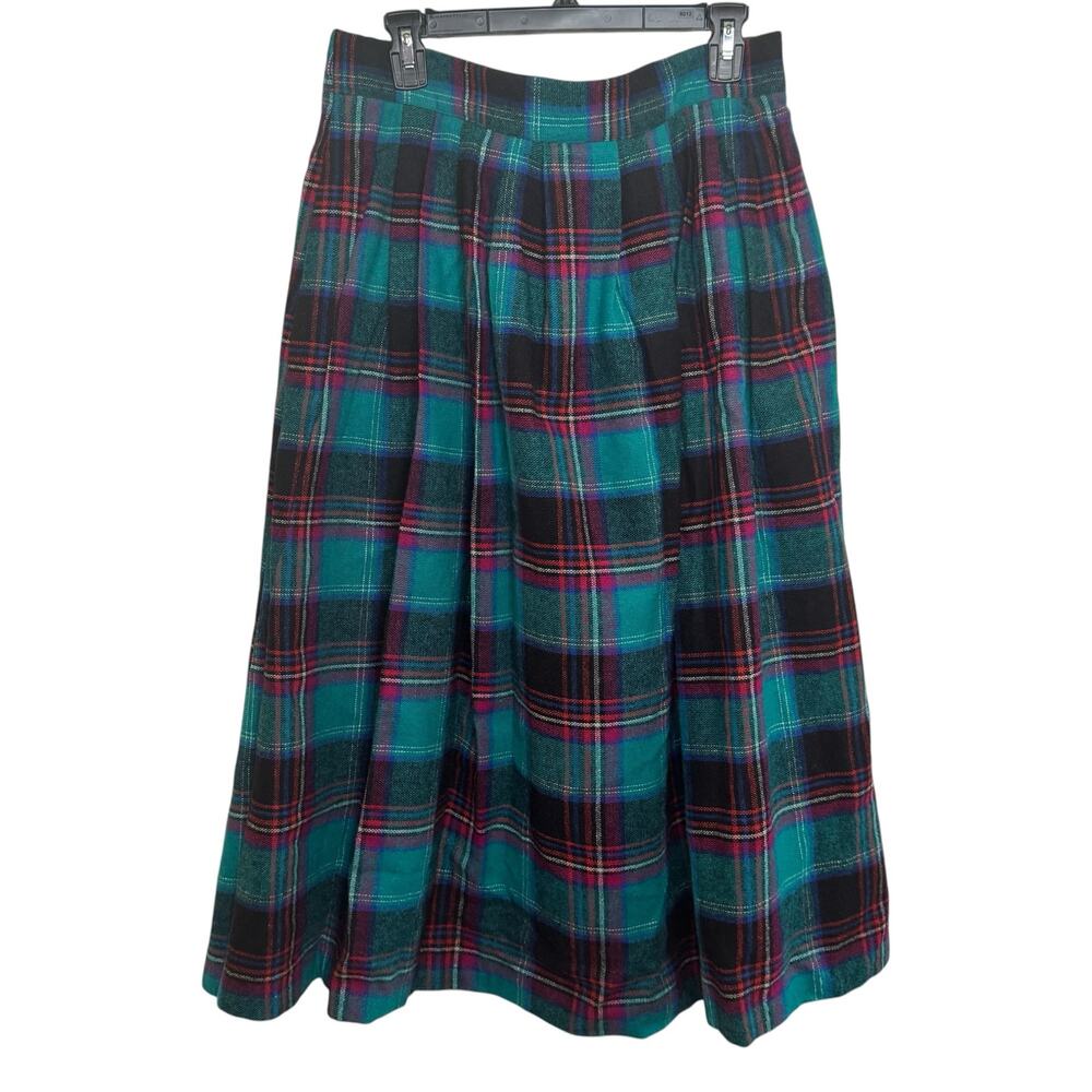 Vtg Plus Size 18 Teal Plaid Wool Blend Made in USA Midi Skirt Bedford Fair